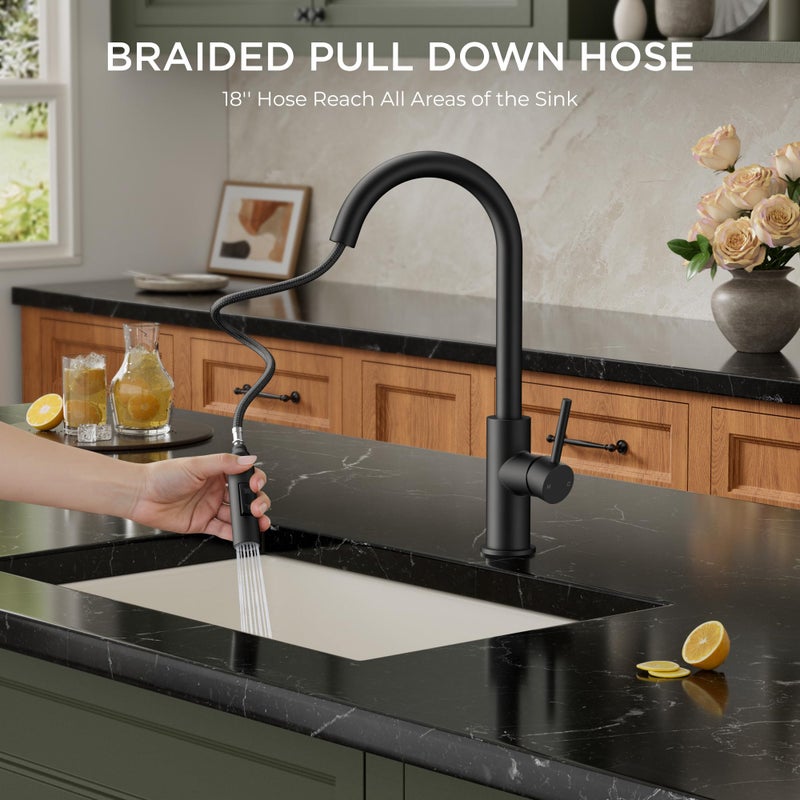 FORIOUS Black Kitchen Faucet with Pull Down Sprayer,Stainless Steel High Arc Gooseneck Modern Sink Faucet with CUPC Ceramic Cartridge, Single Handle Stainless Steel and Deck Plate - Image 3